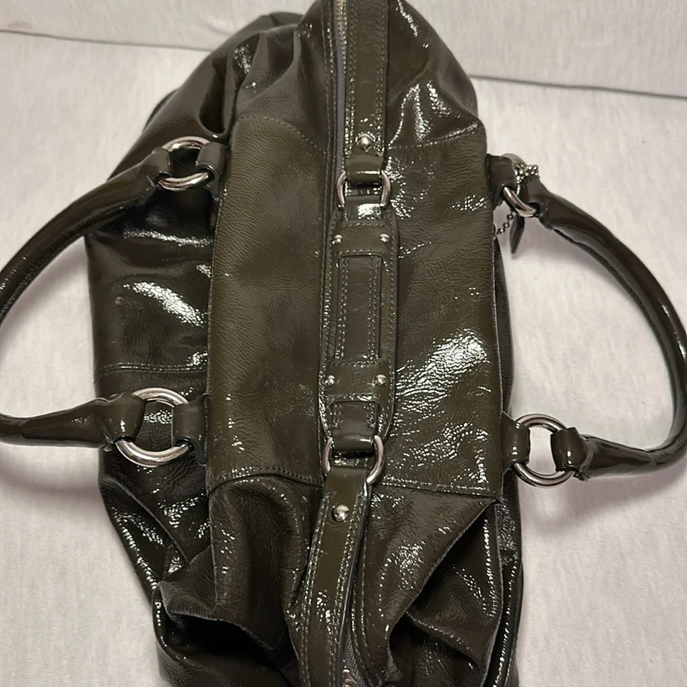 Coach Madison Sabrina Satchel Olive Green/Gray Authentic Patent Leather Purse